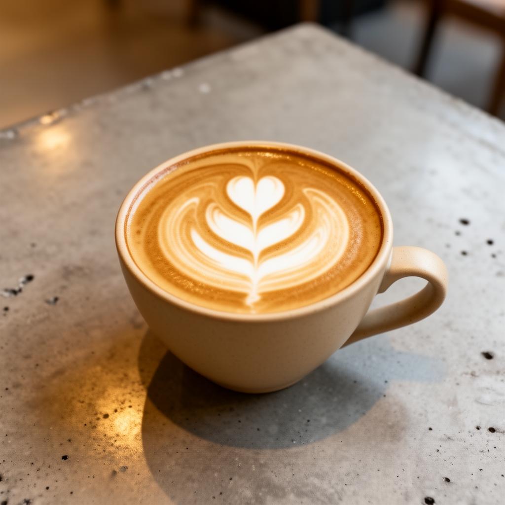Latte art rosetta servido en taza beige sobre cemento