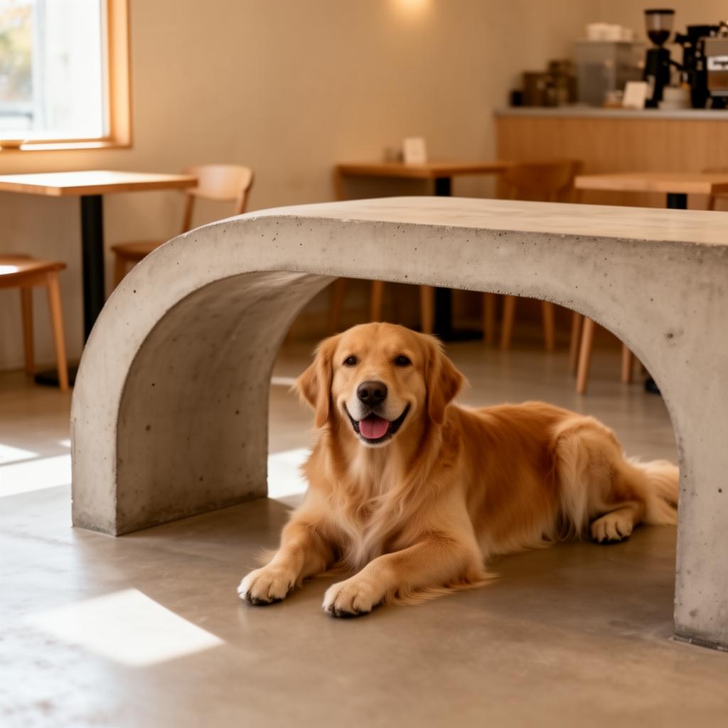 Perro descansando bajo una mesa curva